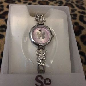 SO silver & pink Butterfly watch. NWT